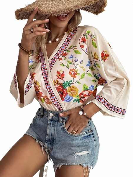 

women's t-shirt floral print batwing sleeve bodysuit a5wh#, White
