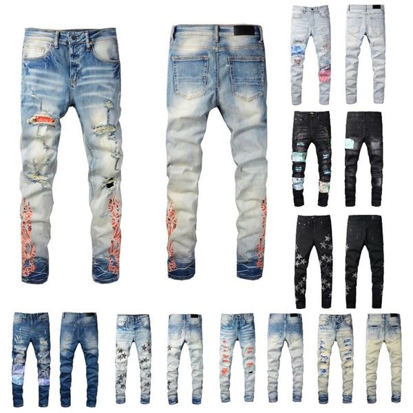 

mens jeans hole patch printing distressed motorcycle biker jean rock skinny slim ripped knee zipper denim pants264l, Blue