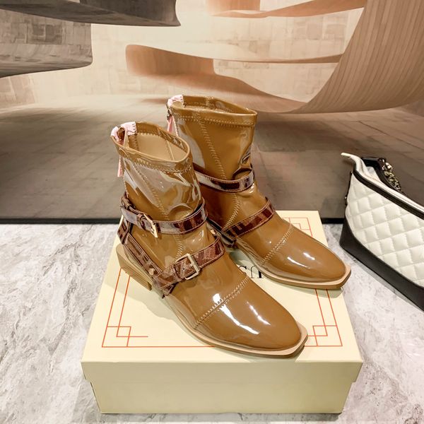 

women's luxury brand designer boots wedding date leather mid boots mirror high stretch fabric sealed zipper boot, Black