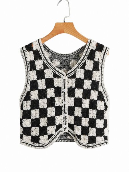

women's sweaters checkered pattern asymmetrical hem button up sweater vest l1q2#, White;black