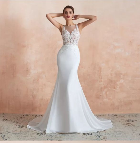 

bridal wedding dress see-through neckline chiffon corset sleeveless gown mermaid ys36378, White