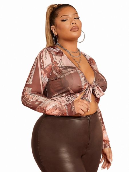 

plus size t-shirt sxy plus figure & letter graphic tie front s76o#, Black