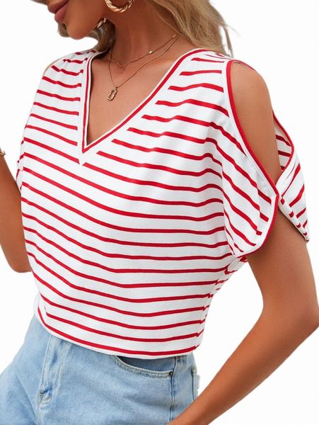

women's t-shirt striped cold shoulder tee 2022 new x8w6#, White