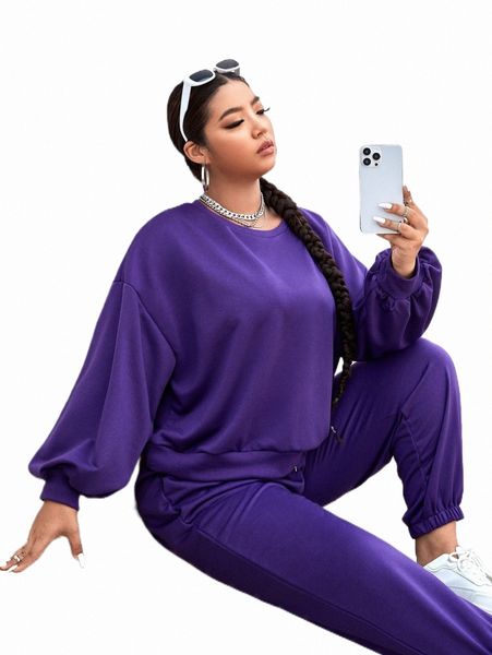 

plus size dresses plus drop shoulder solid sweatshirt & sweatpants f6yd#, Black