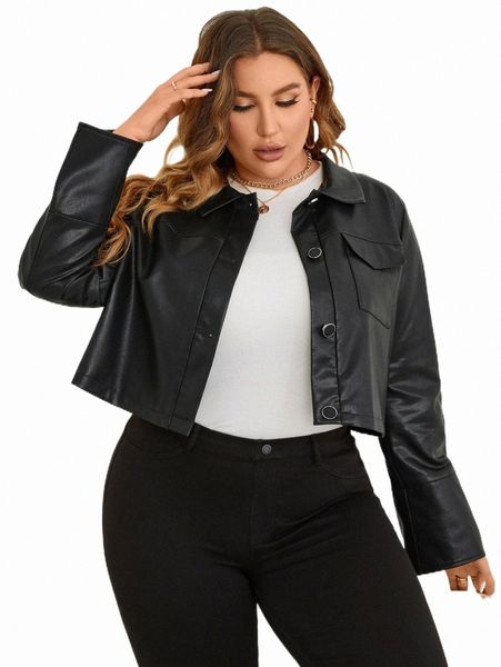 

plus size outerwear & coats plus solid button front pu jacket z19g#, Black