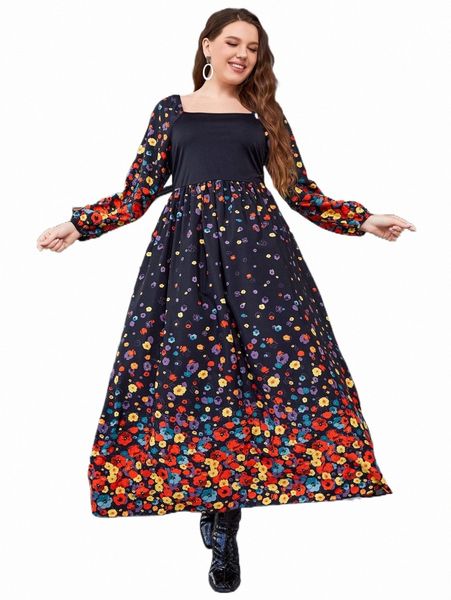 

plus size dresses plus ditsy floral print square neck dress 53zd#, Black