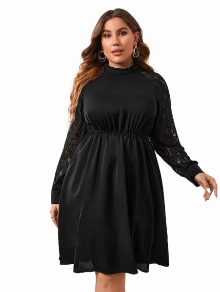 

plus size dresses plus guipure lace insert mock neck dress g9d0#, Black