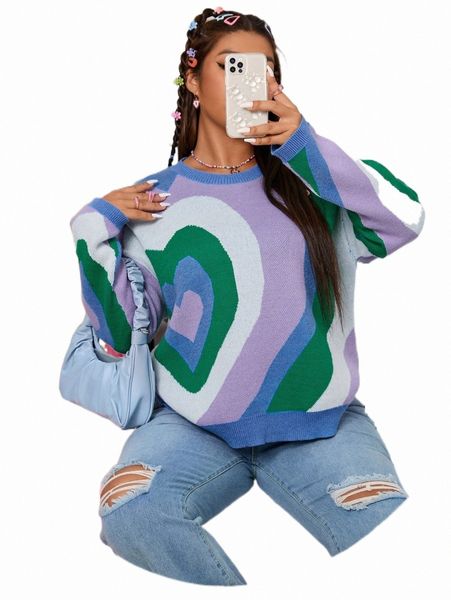

plus size t-shirt plus color block heart pattern drop shoulder sweater g3kj#, Black