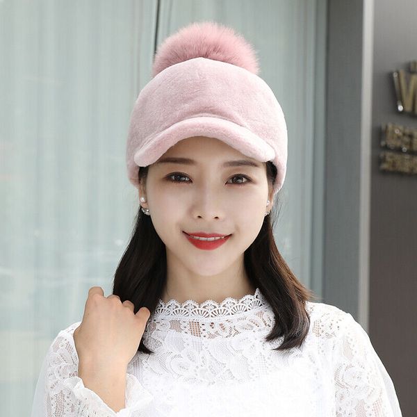 

shearling fur women's baseball cap warm tip hat fox fur ball black grey, Blue;gray