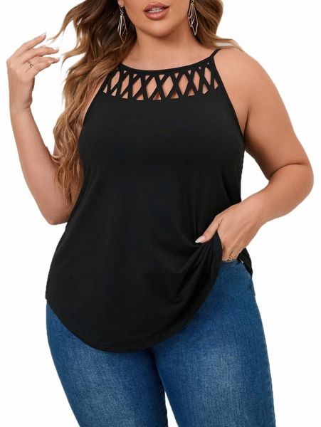 

plus size t-shirt plus cut out crisscross solid cami r8re#, Black