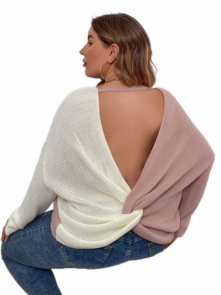 

plus size t-shirt plus two tone drop shoulder twist back sweater z5ja#, Black