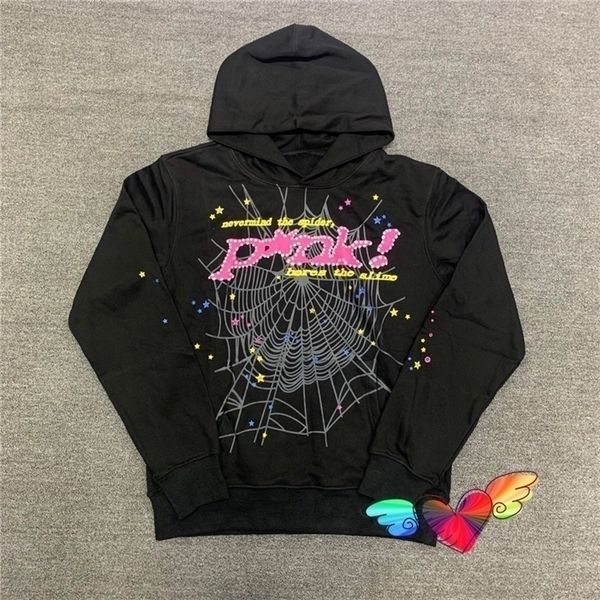 

mens hoodies sweatshirts hip hop web puff print sp5der 555555 hoodie men women 1 1 young thug angel spider sweatshirts heavy fabric pullover, Black
