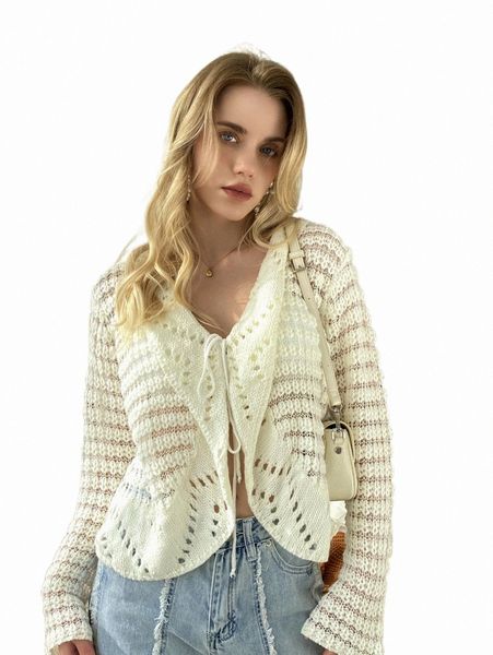 

women's sweaters tie front pointelle knit cardigan n1sr#, White;black