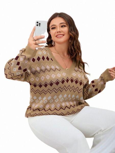 

plus size t-shirt plus geo pattern drop shoulder sweater x3on#, Black