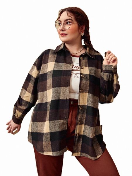 

plus size outerwear & coats plus plaid print drop shoulder overcoat v7ea#, Black