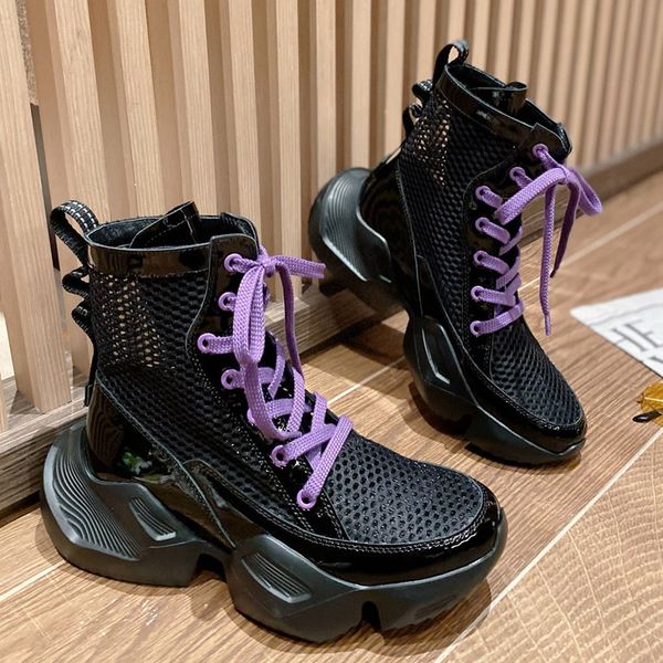 

boots punk platform short boots women mesh ankle boots chunky heeled fashion booties breathable thick bottom mujer botas 220908, Black