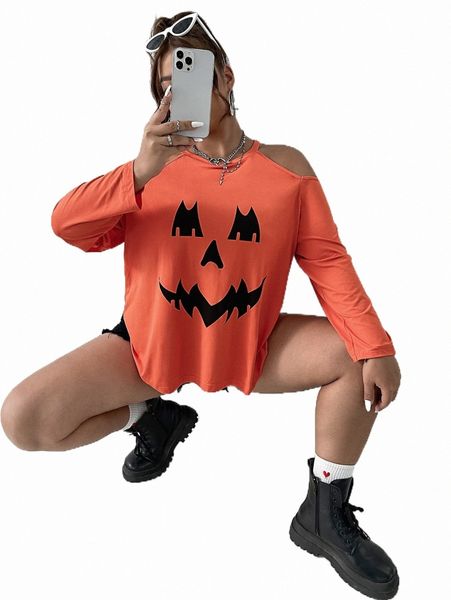 

plus size t-shirt plus halloween print cold shoulder tee t9rn#, Black