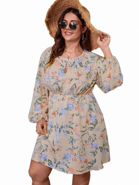 

plus size dresses plus floral print keyhole neck a-line dress n97m#, Black