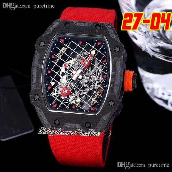 

27-04 tourbillon rafael nadal a21j automatic mens watch 2022 black carbon fiber case tennis racket skeleton dial red crown nylon strap 8 sty, Slivery;brown