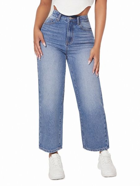 

women's jeans petite high waist single button straight leg jeans p72d#, Blue