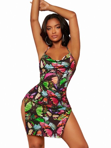 

casual dresses sxy butterfly print draped split hem cami dress q4g4#, Black;gray