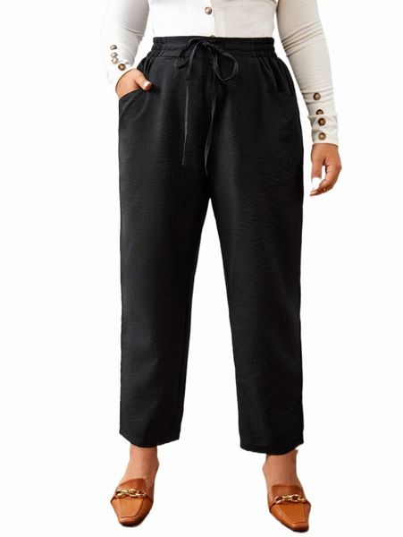 

plus size pants plus drawstring waist straight leg pants x6sk#, Black