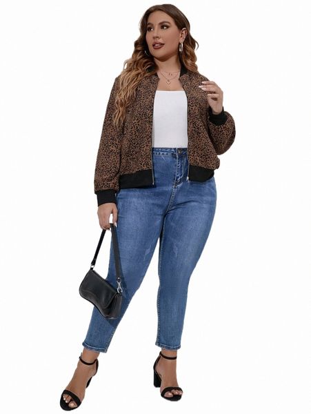 

plus size outerwear & coats plus leopard pattern bomber jacket o01c#, Black