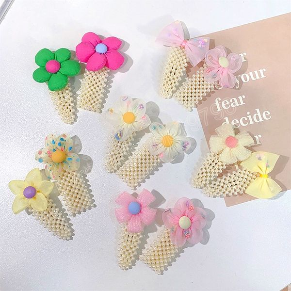 

2pcs/set sweet chiffon flowers pearls hair clips for girls kids cute hairpins barrettes fashion hair accessories, Slivery;white