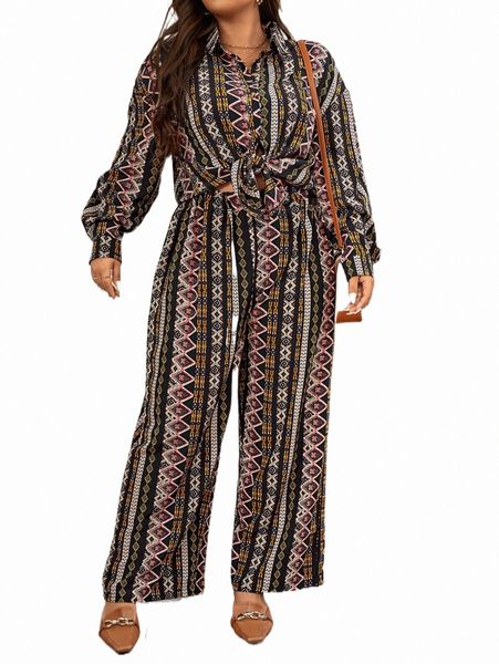 

plus size dresses plus geo print shirt & wide leg pants 44q9#, Black