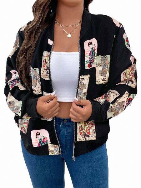 

plus size outerwear & coats plus figure graphic bomber jacket v1bx#, Black