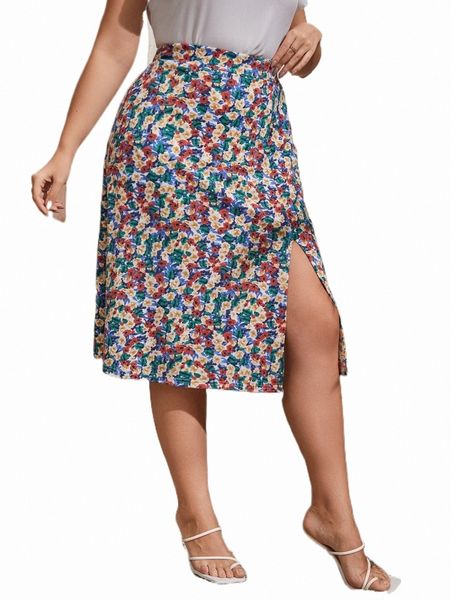 

plus size pants plus allover floral print split thigh skirt p1en#, Black