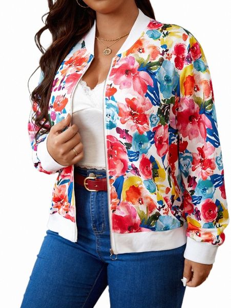 

plus size outerwear & coats plus floral print bomber jacket l1ga#, Black