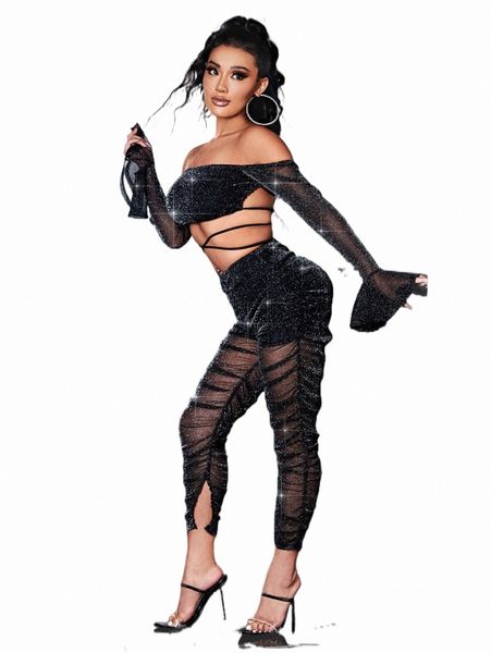 

two piece dress sxy off shoulder crisscross tie back glitter mesh crop & ruched pants r622#, White