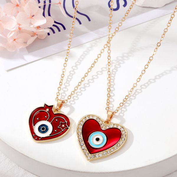 

s3200 red peach heart enamel evil eye necklace for women rhinestone blue eyes love pendant necklaces, Silver