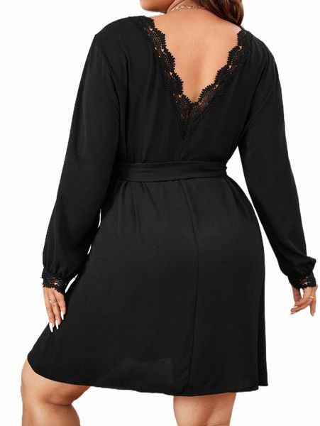 

plus size dresses plus solid contrast lace belted dress p2wl#, Black