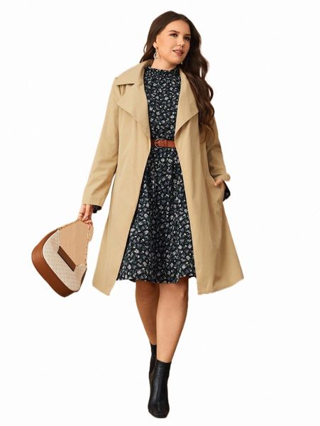 

plus size outerwear & coats plus solid slant pocket belted trench coat b36y#, Black