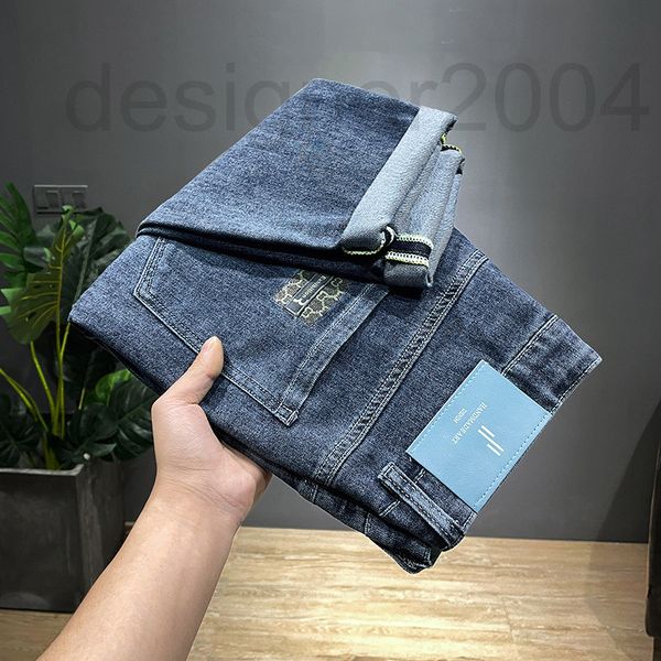 

men's jeans designer summer thin men's jeans boutique two-color middle waist elastic trendy slim straight leg pants long jopu, Blue