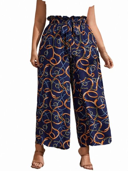 

plus size pants plus chain print paperbag waist wide leg pants n6az#, Black