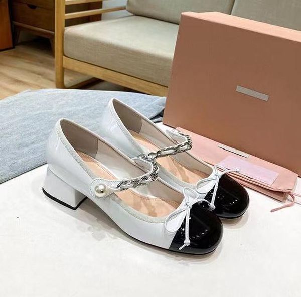 

Miu Mary Jane shoes women's pearl chain girl bow retro wild color black White leisure vacation Ladies thick heel leather ballet shoes, Navy
