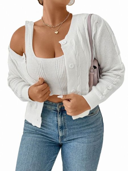 

plus size t-shirt plus cable knit cardigan & crop knit z3gh#, Black