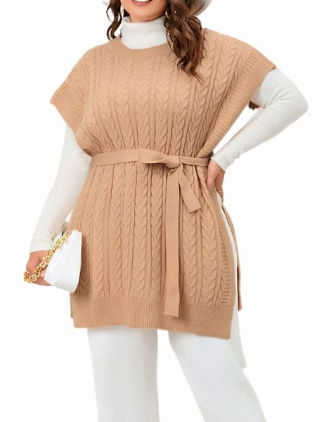

plus size t-shirt plus 1pc slit side cable knit belted knit w68m#, Black