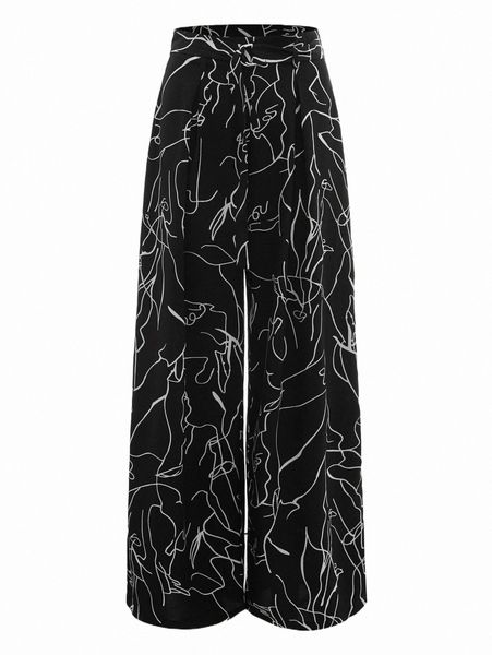 

plus size pants plus graphic print belted wide leg pants b1jn#, Black