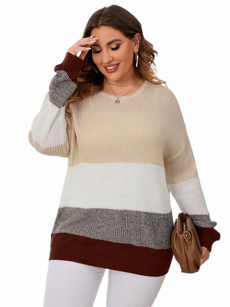 

plus size t-shirt plus color block drop shoulder sweater f90b#, Black