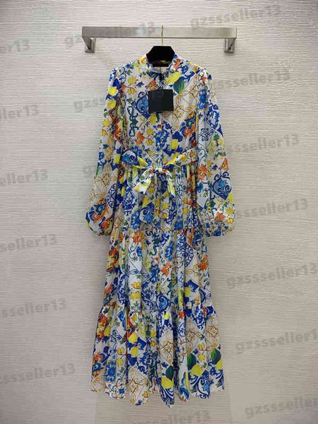 

designer women dress lengthen style fashion brand high-end breathable cotton and linen fabric dresses vintage pattern lemon print long-sleev, Black;gray