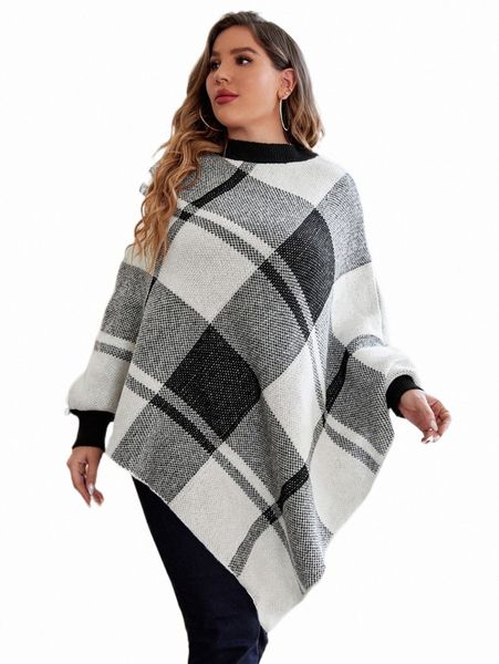 

plus size t-shirt plus plaid pattern batwing sleeve knit poncho w33a#, Black