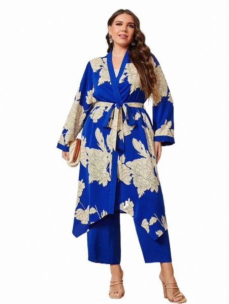 

plus size dresses plus floral print shawl collar belted coat & pants y0yo#, Black