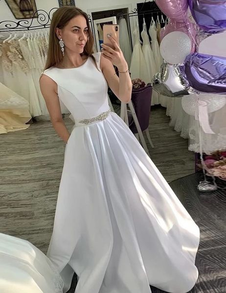 

vintage wedding dresses with beaded sash crew neck bride wear special party gowns zipper back satin a line vestidos de novia, White