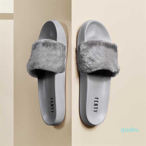 

new rihanna leadcat fenty fashion color slipper faux fur burgundy slide slippers ladies indoor purple pink sandals 3816330n, Black