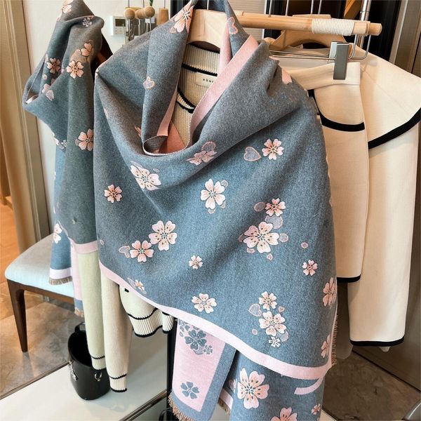 

fashion brand scarf cherry blossoms design scarves all-match casual cloth accessories soft touch pashmina with exquisite gift box, Blue;gray