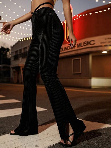 

women's pants & capris solid cut out split hem velvet pants f53d#, Black;white